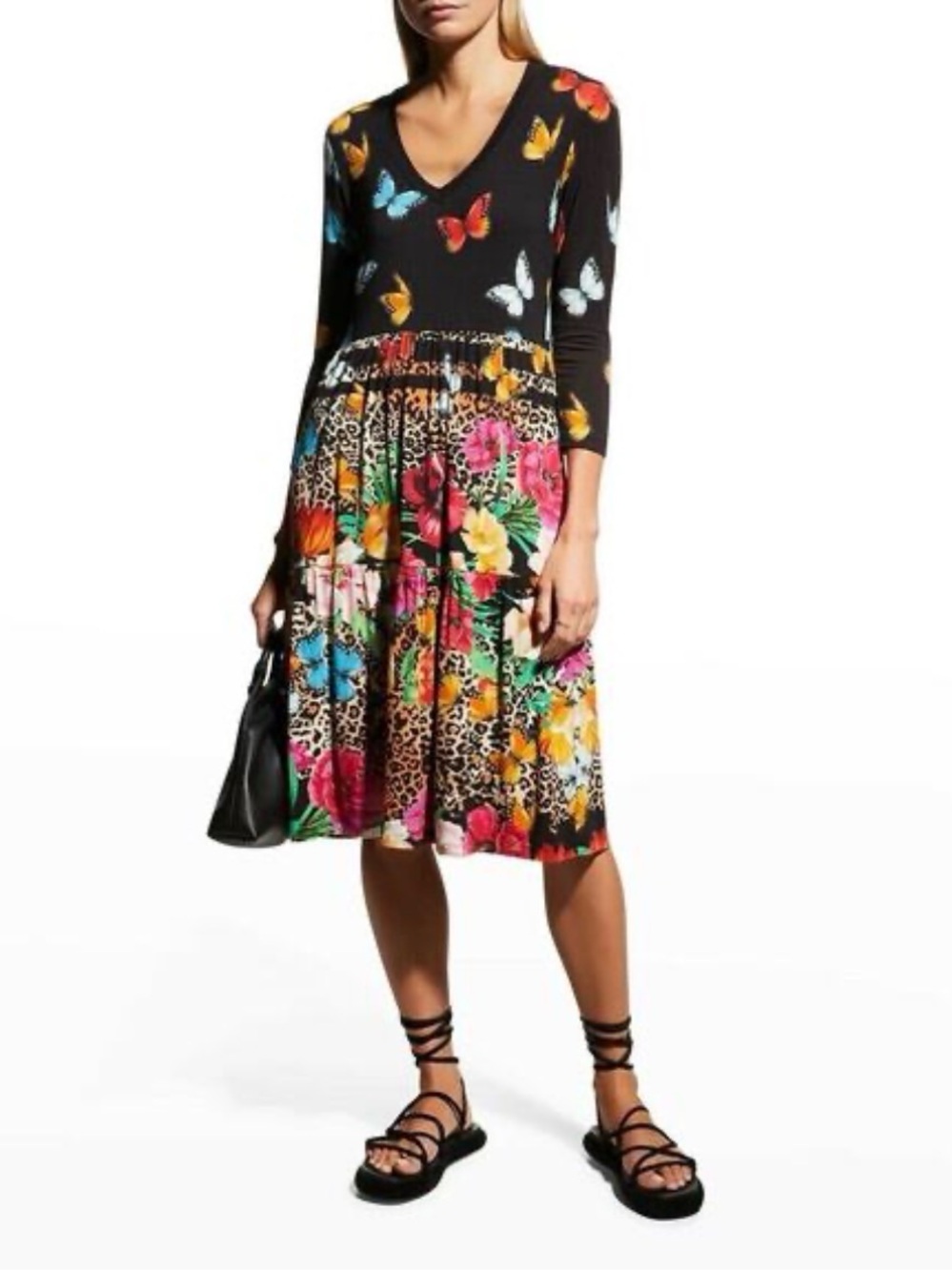 Johnny Was Black Midi Dress 3/4 sleeve Multicolor Butterfly & Floral Print small